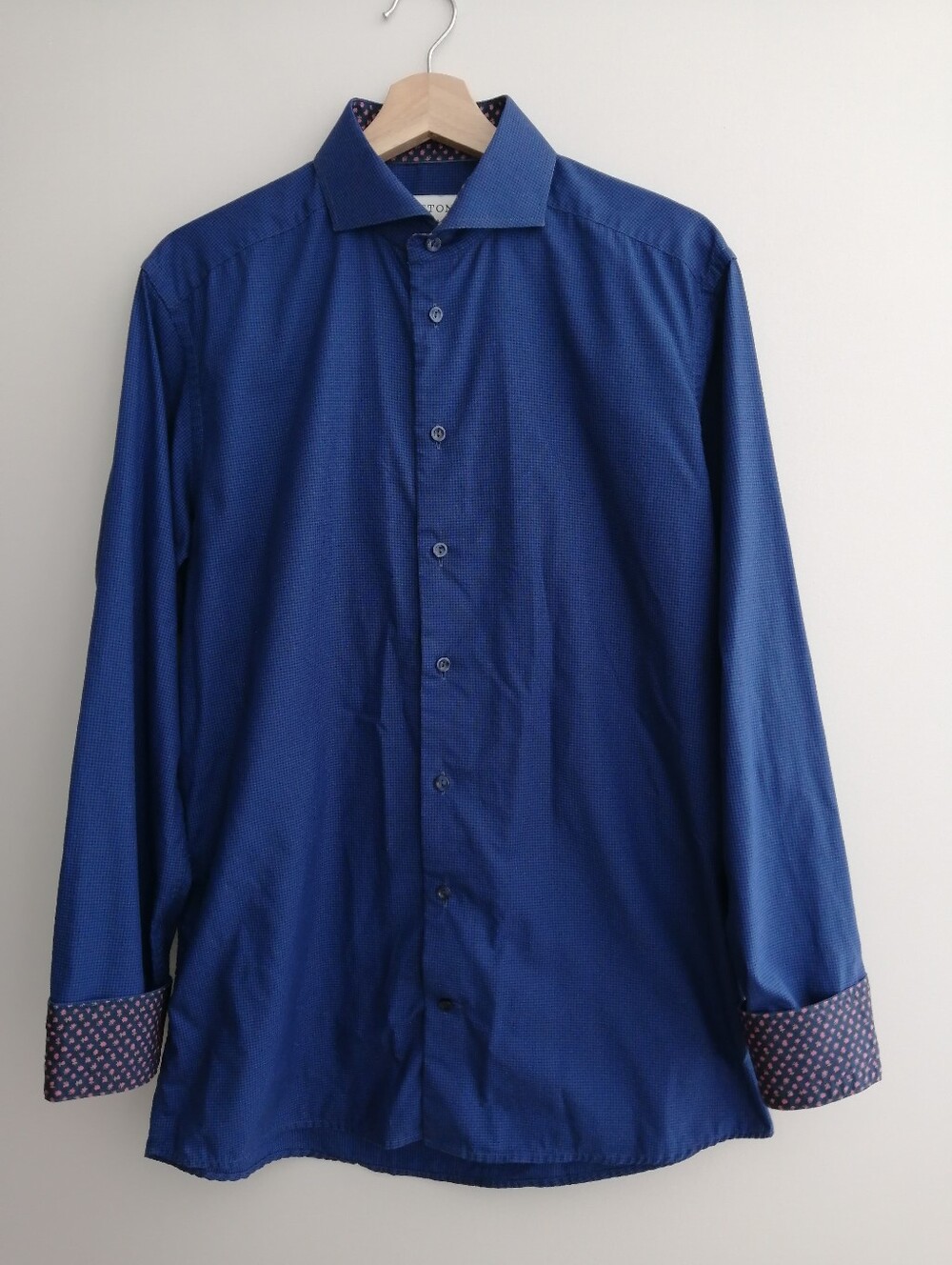 Eton Men's Slim Fit Blue Gingham Dress Shirt Floral Flip Cuffs 16 Neck